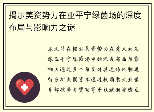 揭示美资势力在亚平宁绿茵场的深度布局与影响力之谜