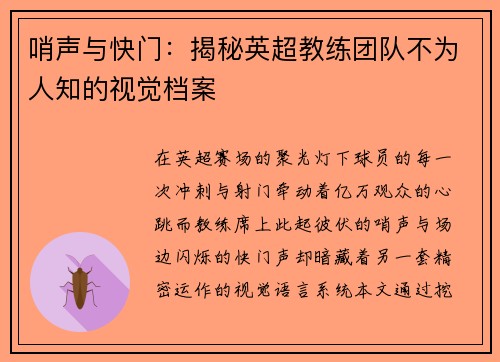 哨声与快门：揭秘英超教练团队不为人知的视觉档案