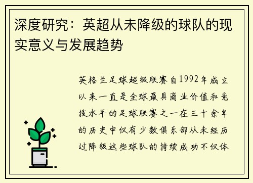 深度研究：英超从未降级的球队的现实意义与发展趋势