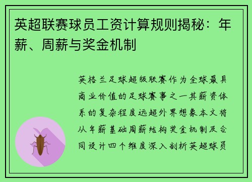 英超联赛球员工资计算规则揭秘：年薪、周薪与奖金机制